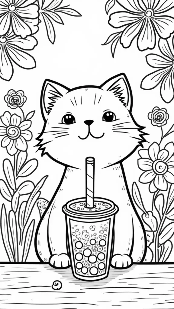 cat drinking boba coloring page